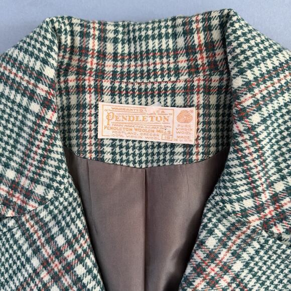 Vintage Pendleton Virgin Wool Plaid Green Red Belted Blazer Jacket - Picture 4 of 5
